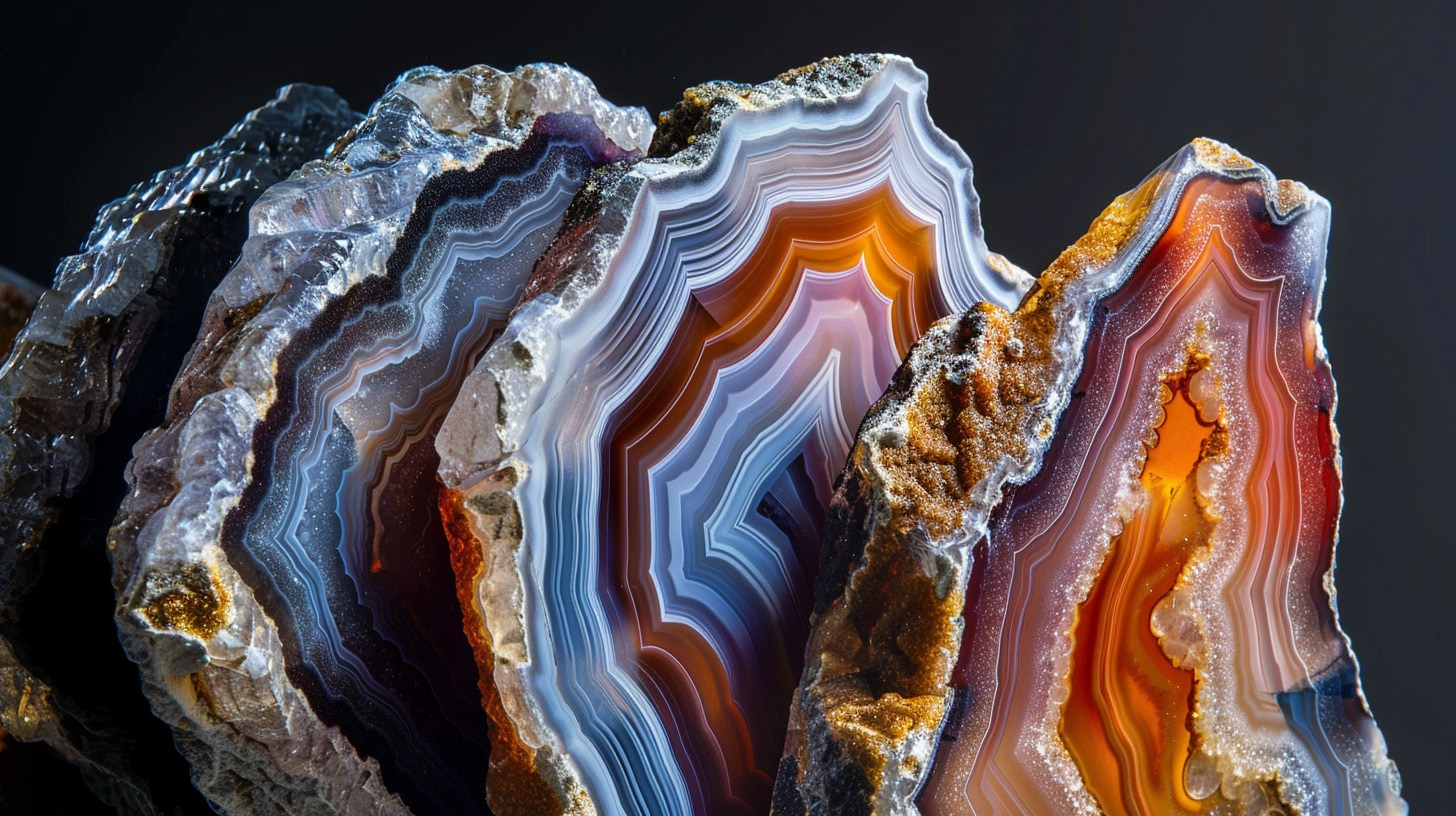 Stacked banded agate slices in amber, stone and gold tones
